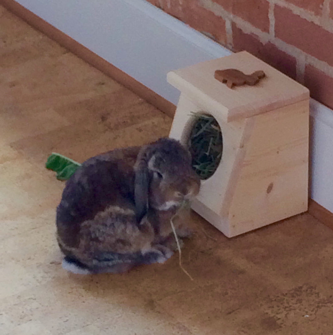 Mini bunny rabbit hay feeder with round hay hole